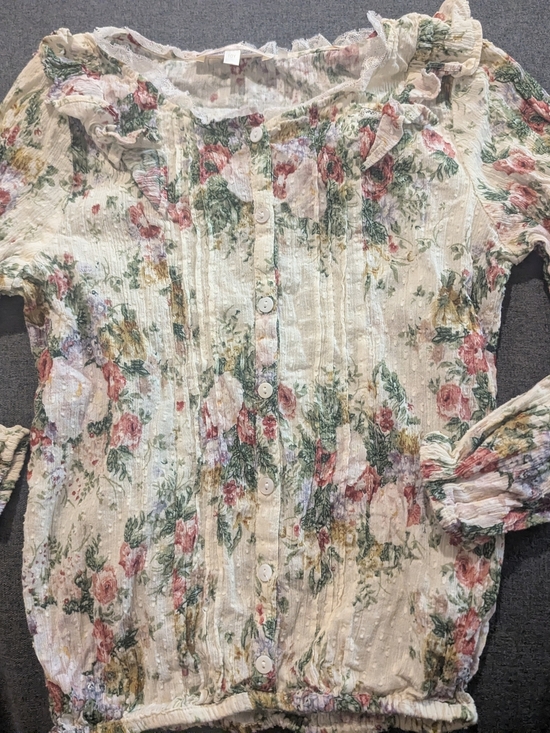 LoveShackFancy Other - LoveShackFancy Girls Floral Ruffle Button-Up Blouse in White, Pink & Green